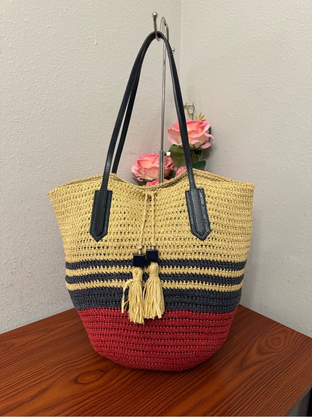 J. Crew Striped Crochet Tote in Red, Gray, and Cream with Tassels
